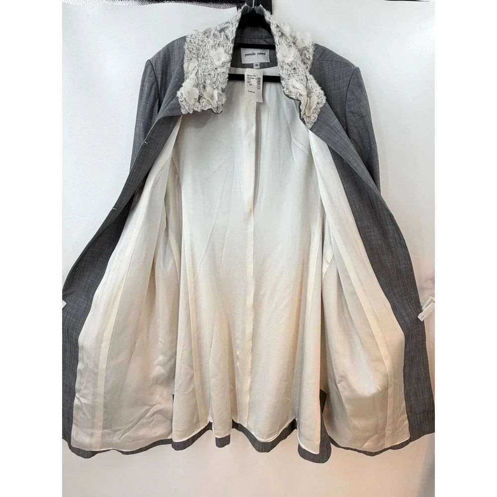 Pamella Roland 2 Pc Dress Coat Set Womens 18 Gray Luxe Floral Lace Trim Evening